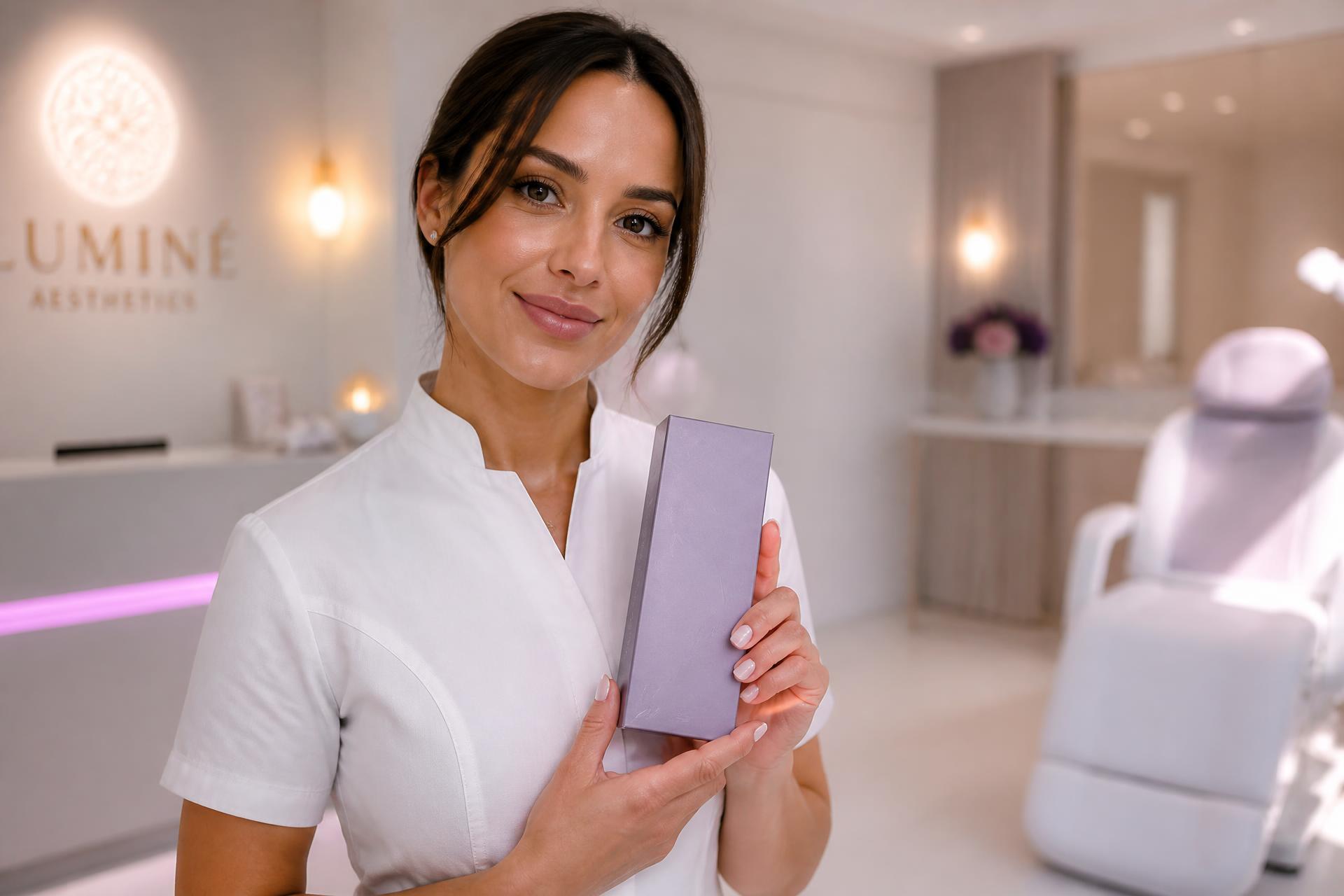 Aesthetics clinician holding QuickStock dermal filler in a luxury clinic