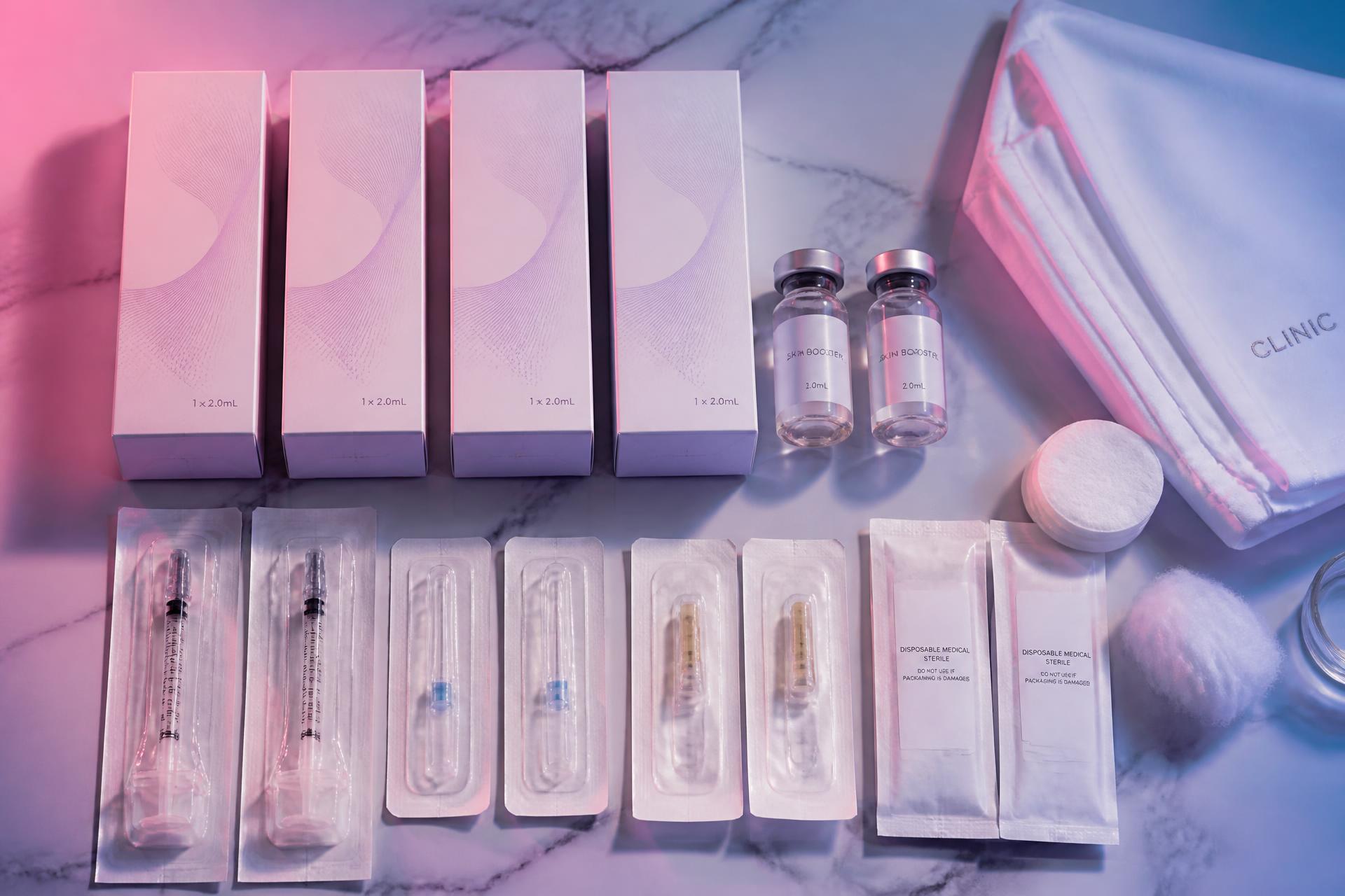 QuickStock clinic essentials flat lay — fillers, boosters and sterile supplies